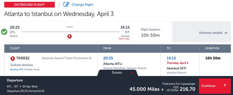 Turkish award ticket Atlanta Istanbul