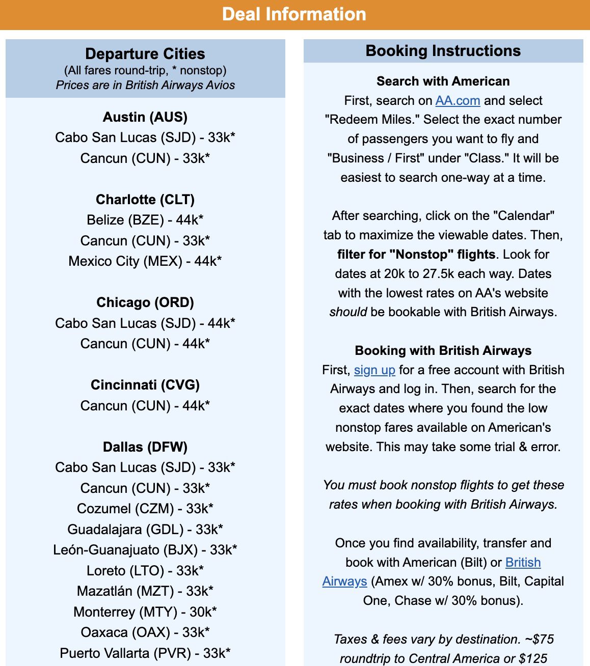 Business Class AA Miles to Mexico