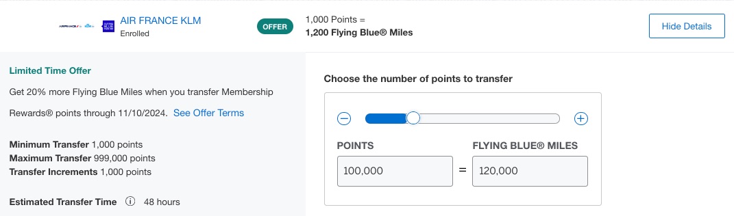 screenshot of a points transfer