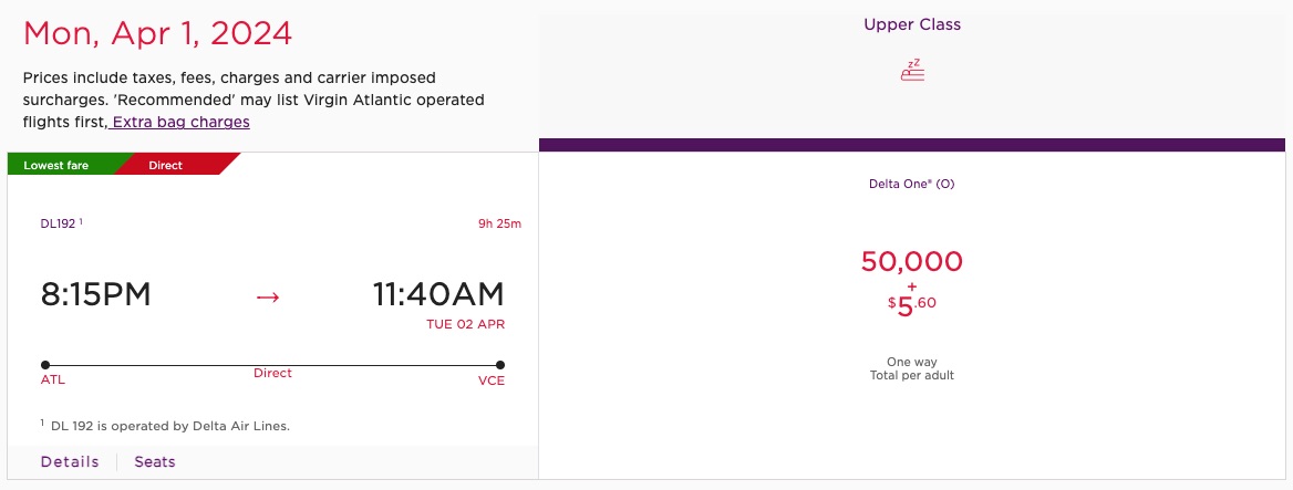Delta One ATL - VCE booked via Virgin Atlantic