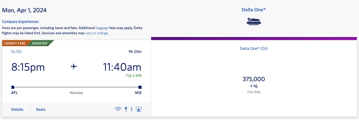 Delta One ATL - VCE booked with Delta SkyMiles