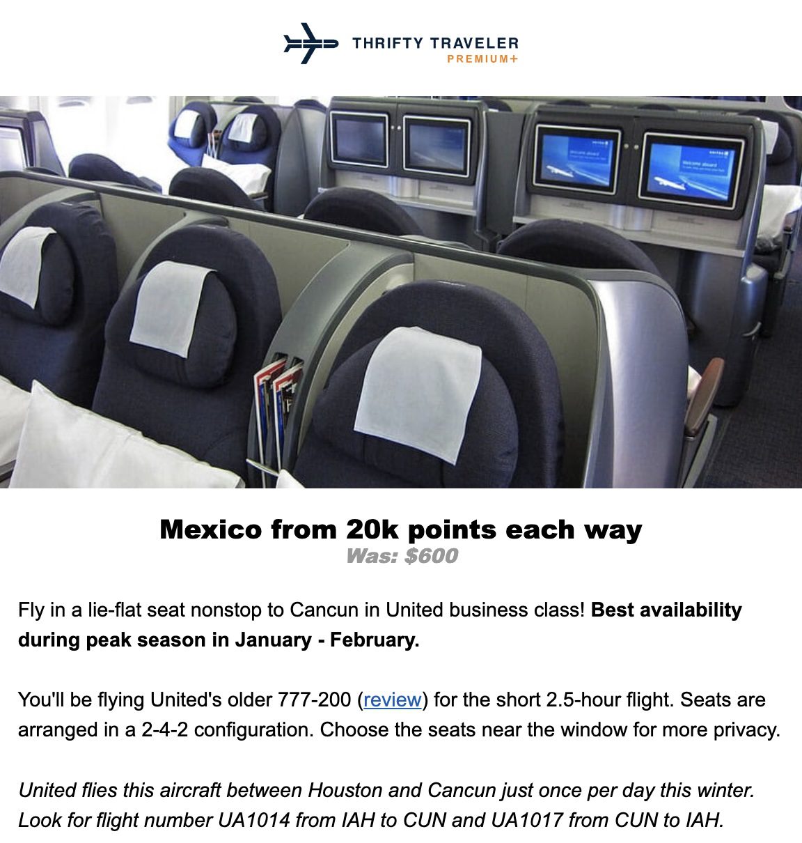 Houston to Cancun lie-flat deal