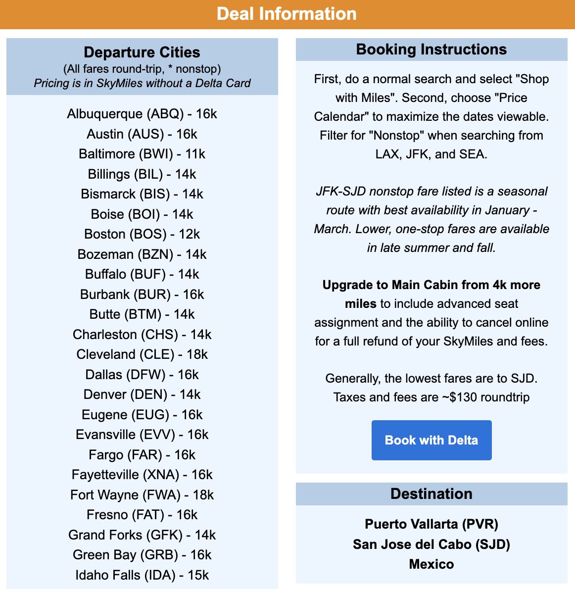 Puerto Vallarta and Cabo SkyMiles flight deal