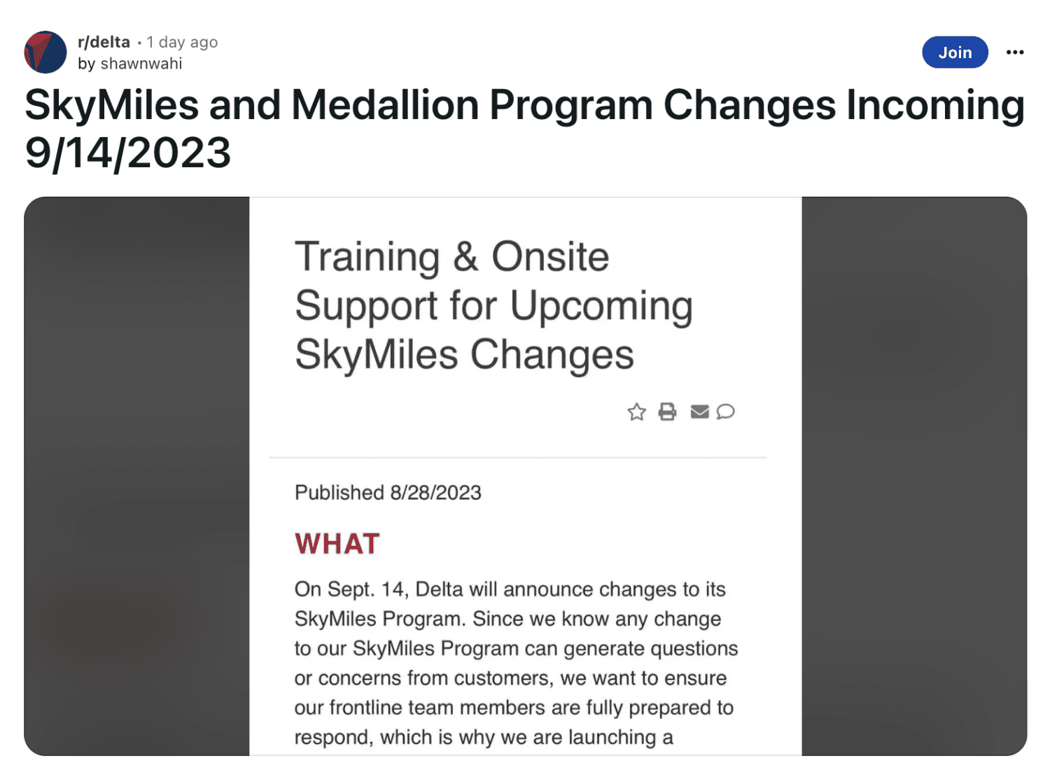 Delta subreddit post about upcoming SkyMiles changes 