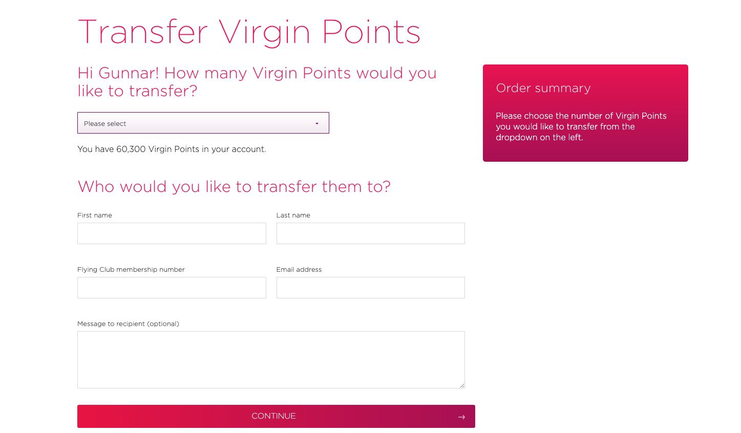 Virgin Atlantic points transfers