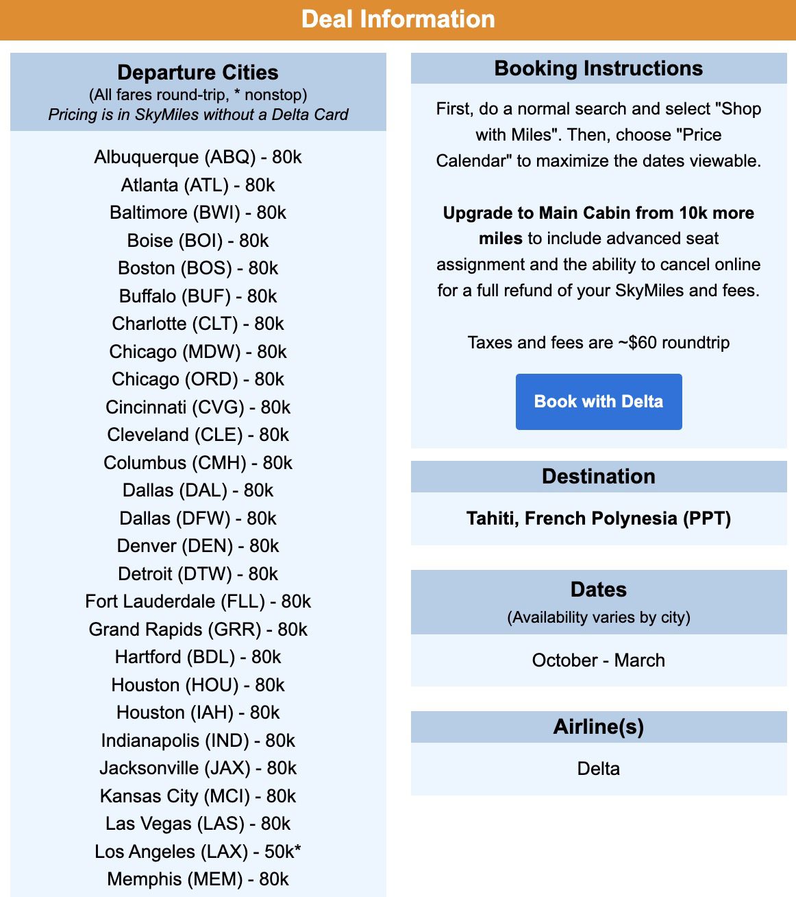 Tahiti SkyMiles information