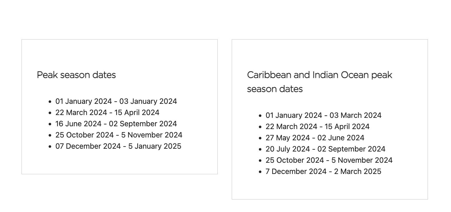 Virgin Atlantic peak season dates
