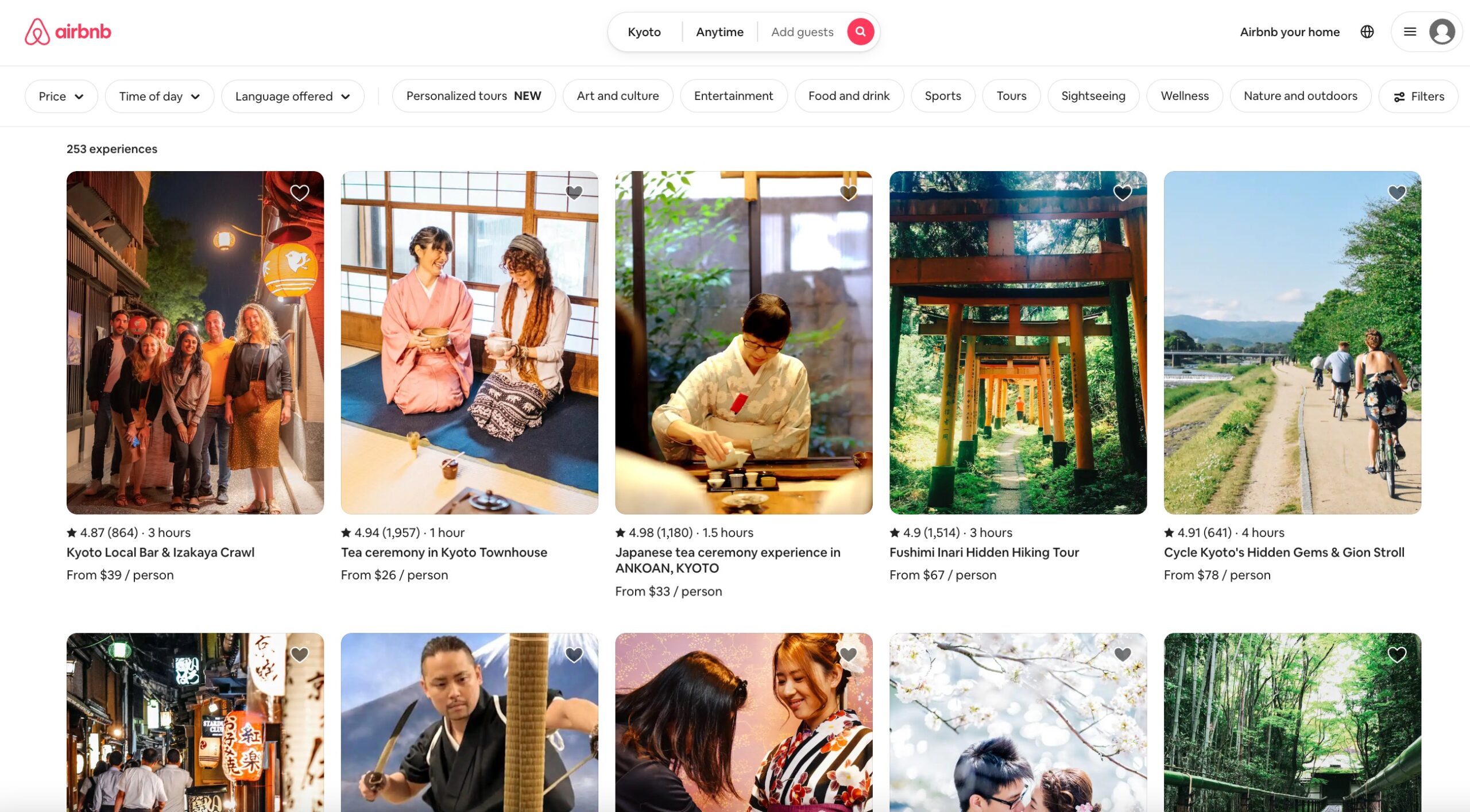 list of airbnb experiences