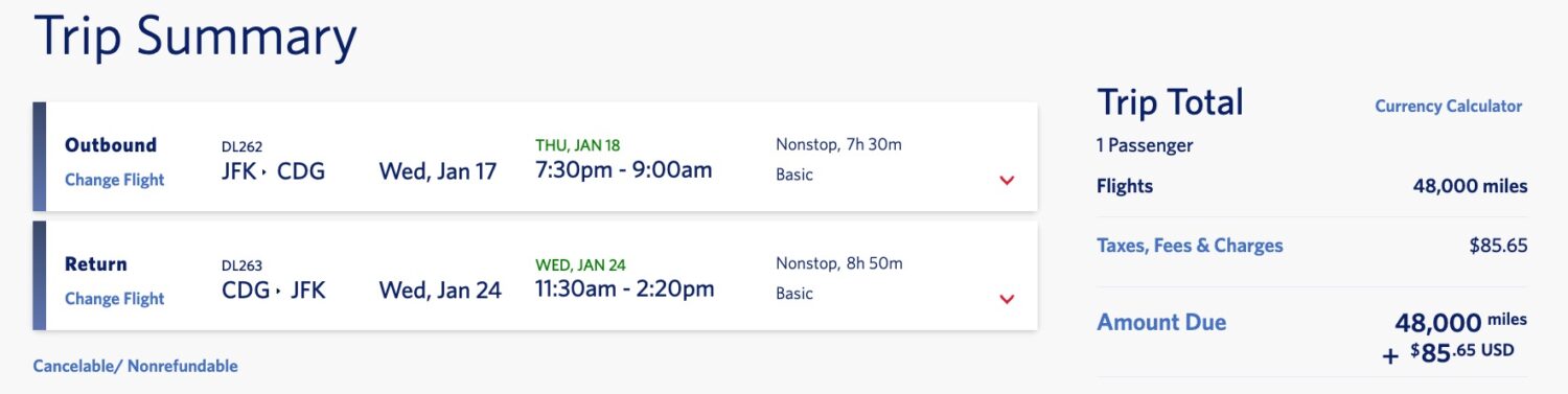 delta skymiles award from new york city to paris