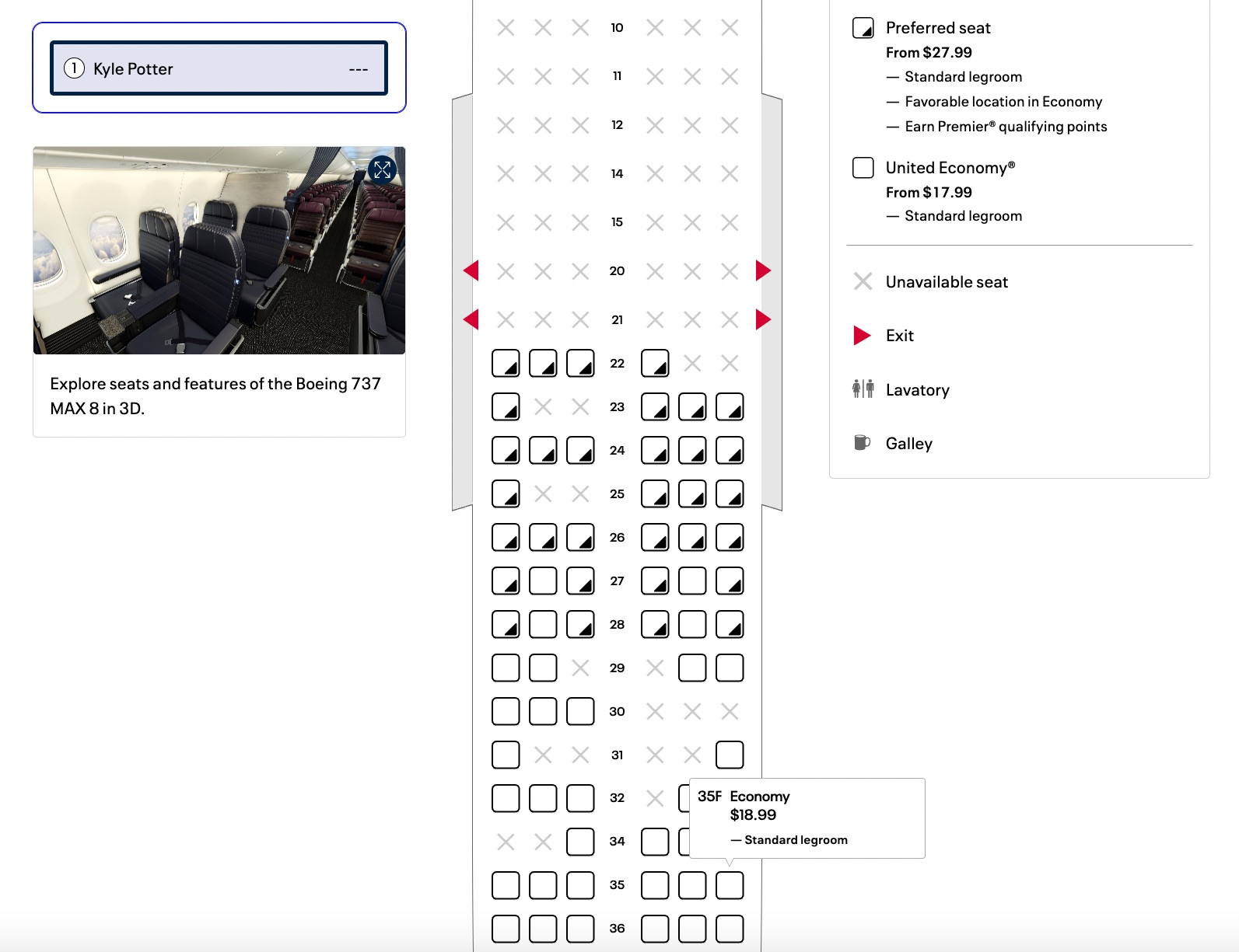 united airlines seat map showing a $18.99 charge for seat 35f in economy