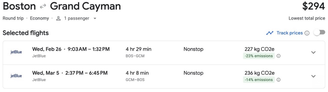Cayman Islands airfare for $294 roundtrip on JetBlue from Boston. 