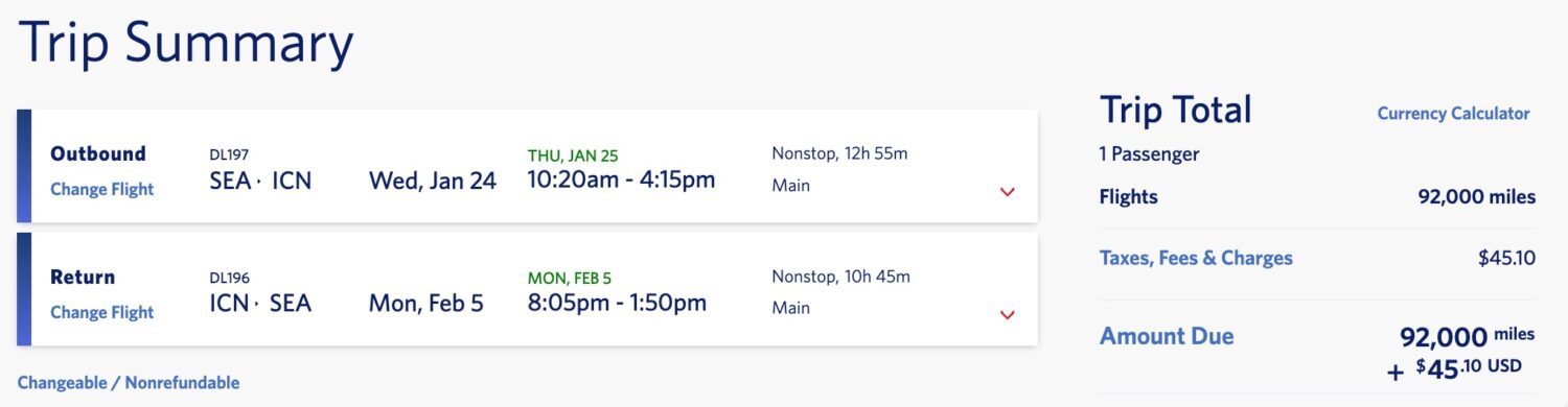 Delta SkyMiles SEA to ICN roundtrip