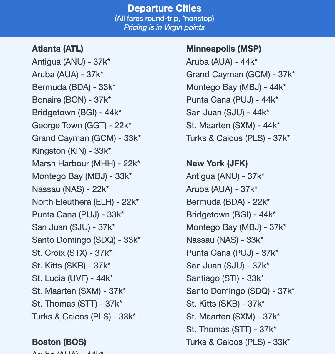 Nonstop airfare to the Caribbean priced in Virgin Atlantic points from several u.S. airports. 