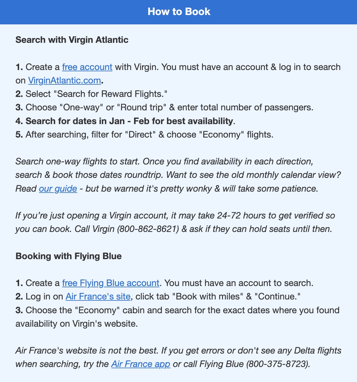 A list of instructions for how to search for and book Delta flights using Virgin Atlantic points