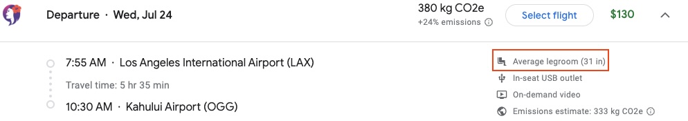 legroom on a hawaiian airlines flight