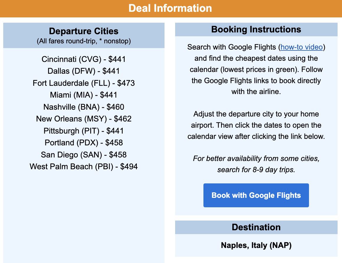 Naples Italy flight deal