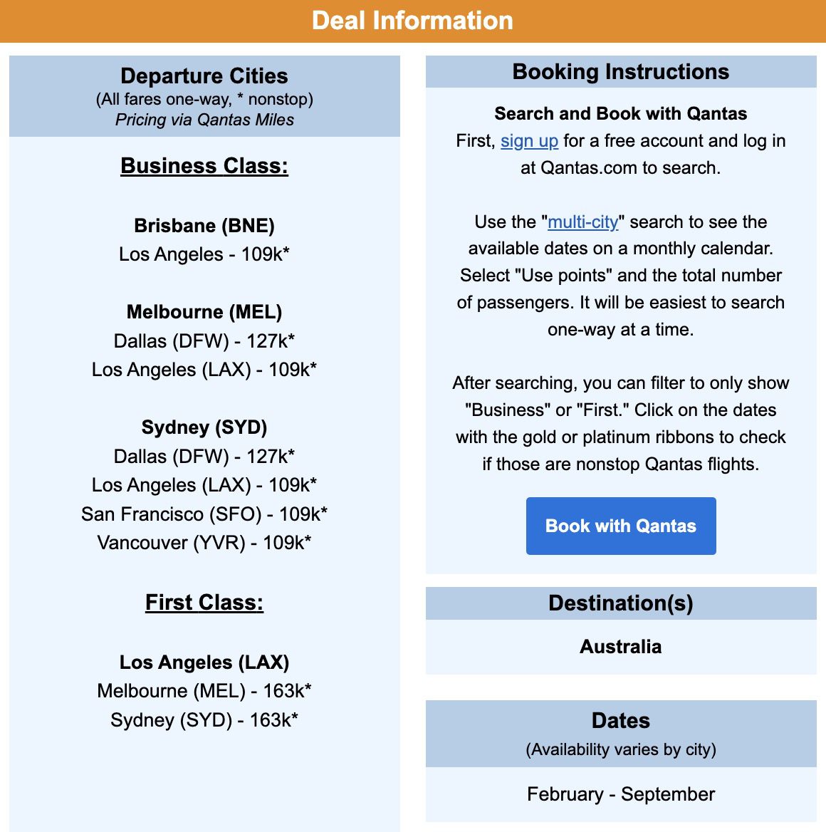 Qantas business and first class flight deal