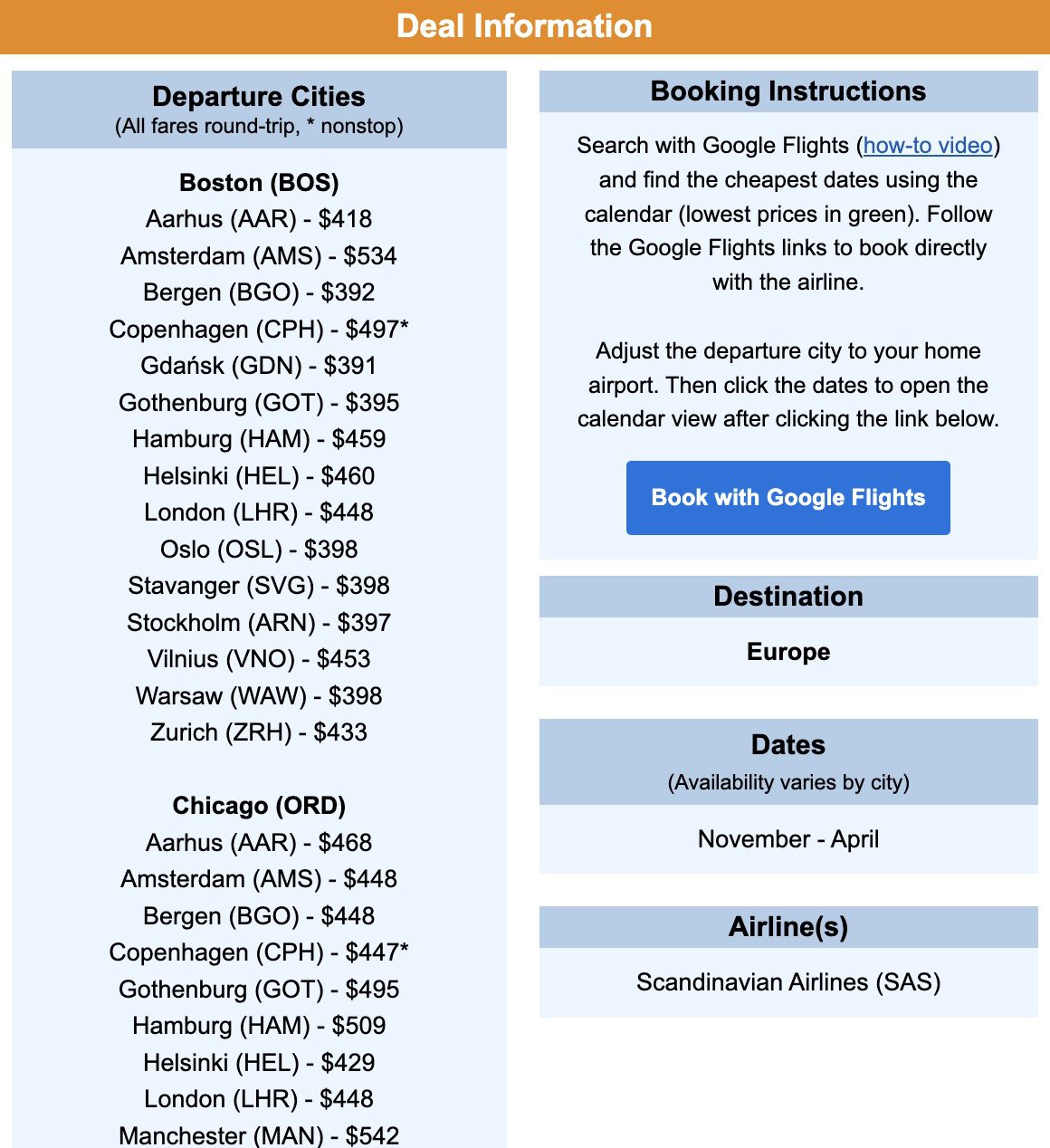 SAS flight deal info