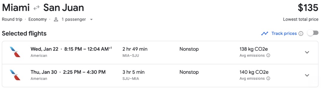 Miami to San Juan Puerto Rico airfare for $135 roundtrip on American Airlines. 