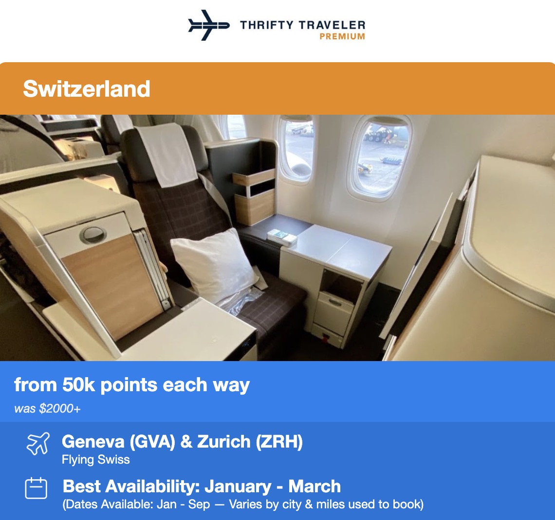 SWISS business class seat in a flight deal alert for 50,000 points each way