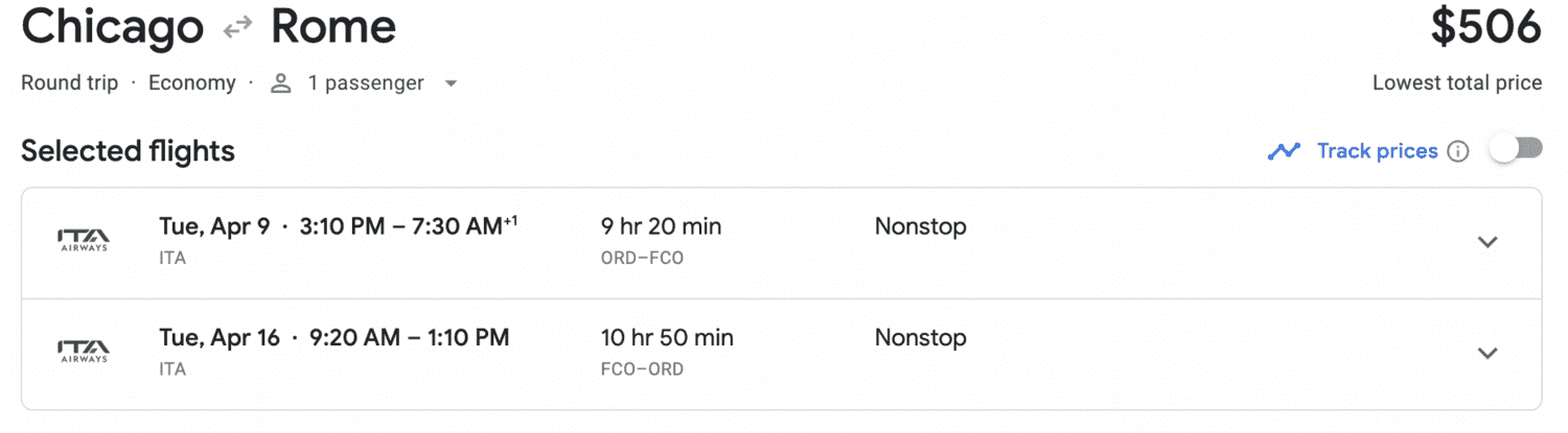 Google Flights Chicago to Rome 