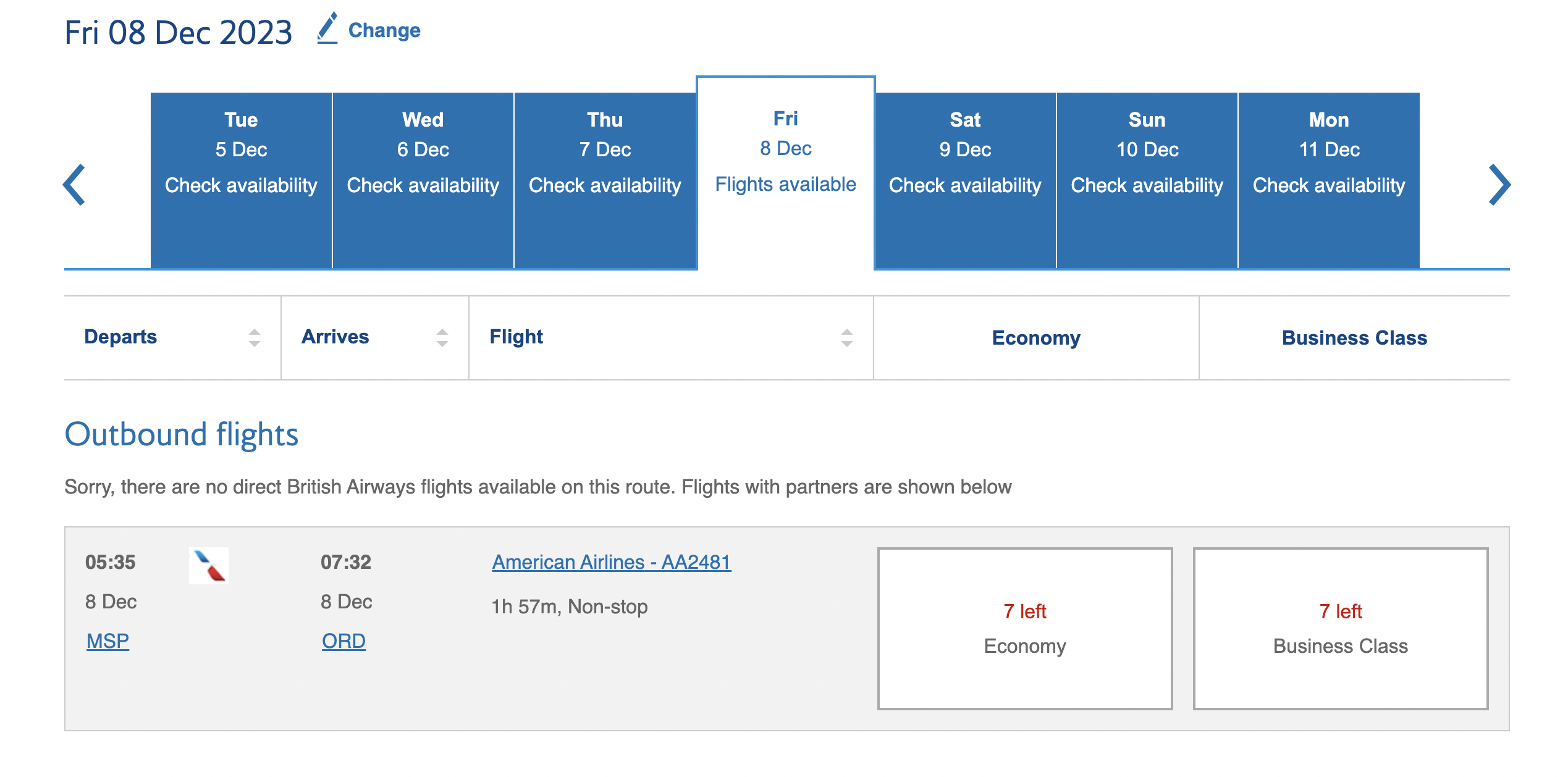 British Airways award flight search