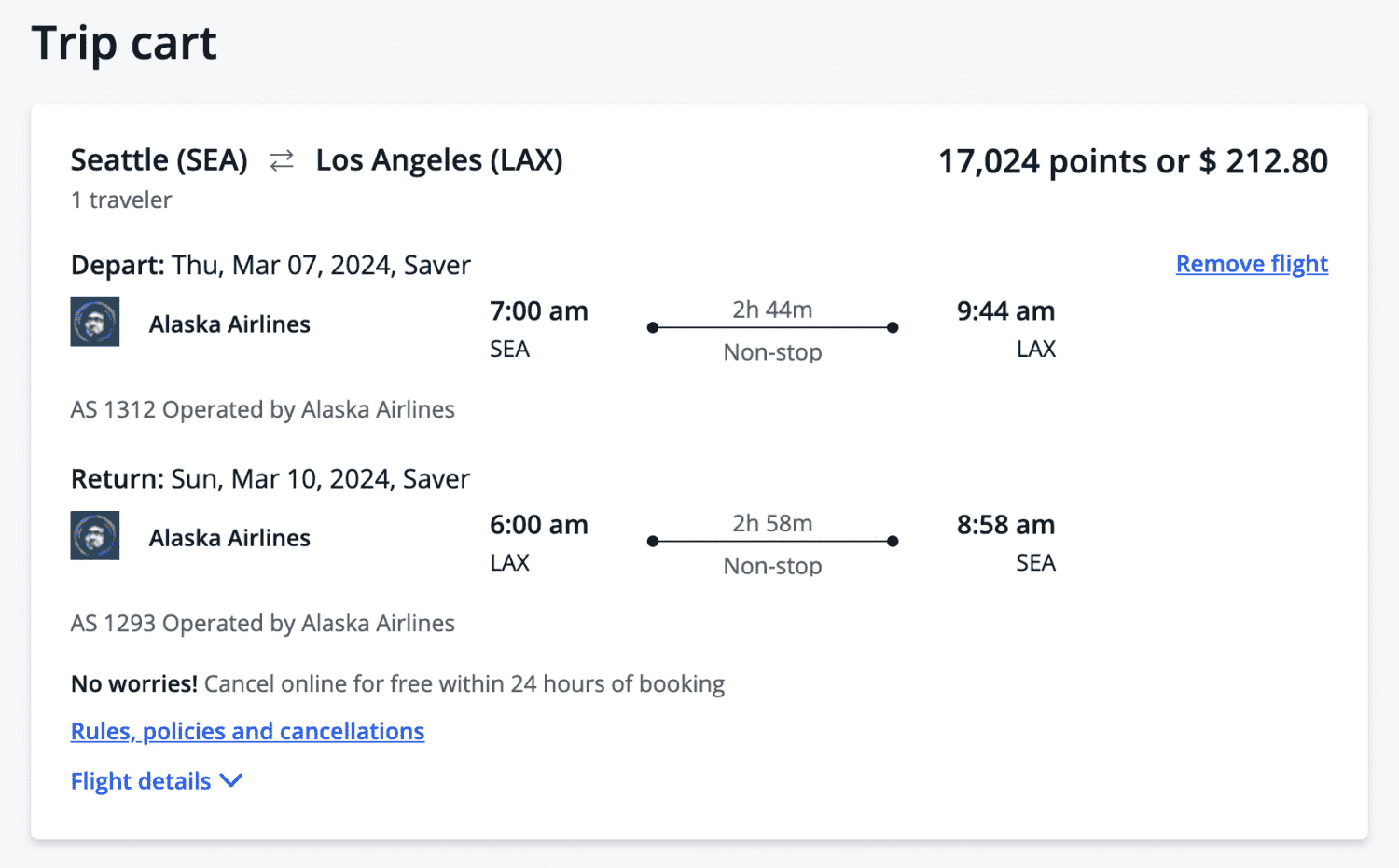 Chase Travel Portal Seattle to Los Angeles flight 