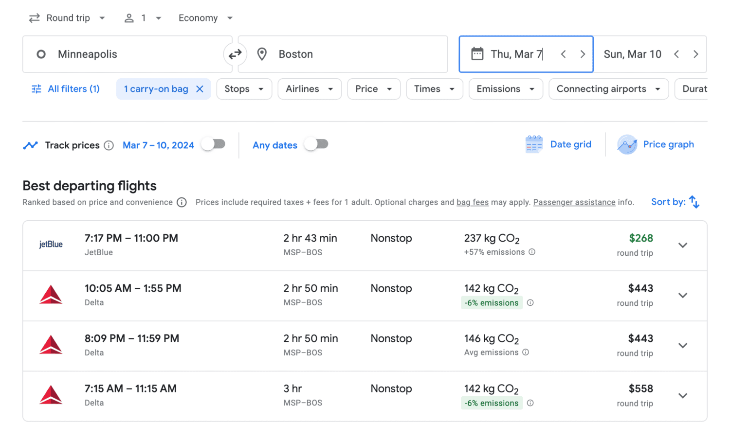 Delta flight from Minneapolis to Boston