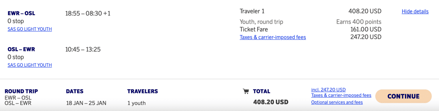 SAS youth ticket for a flight from Newark (EWR) to Oslo (OSL) 