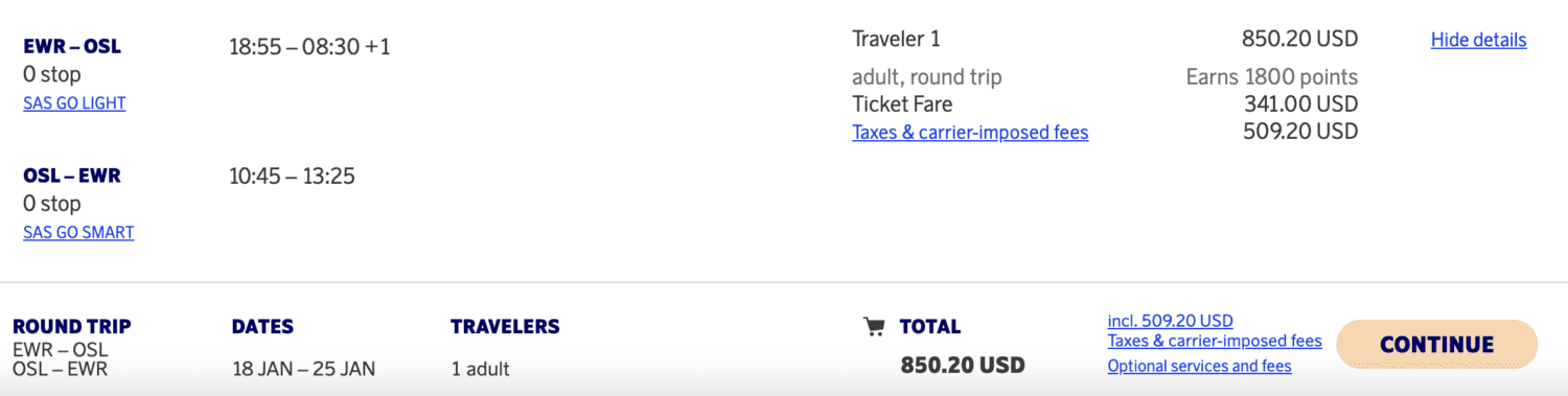 SAS flight booking from Newark (EWR) to Oslo (OSL) 