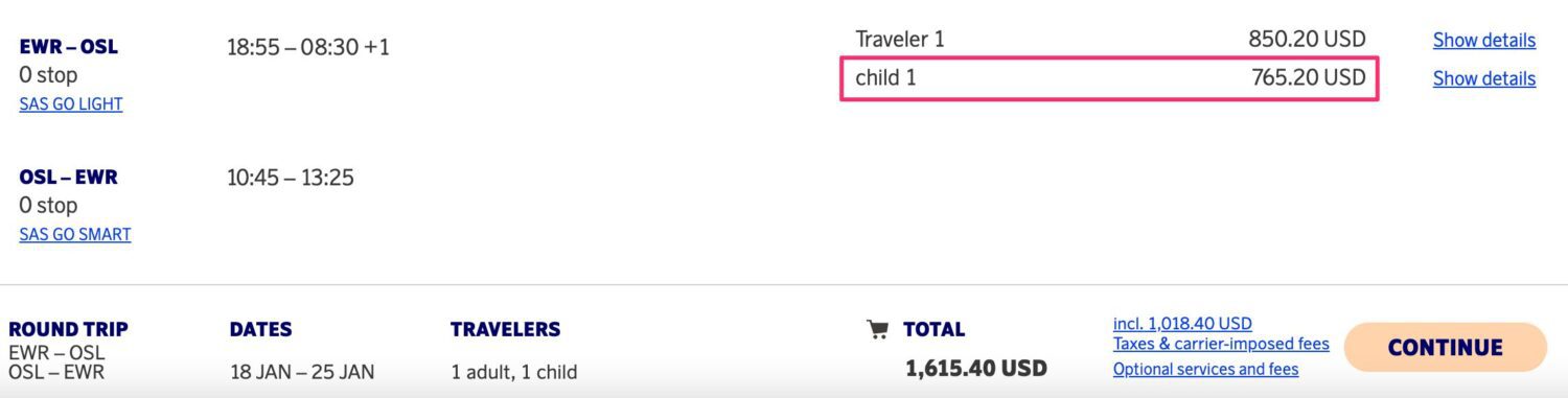 SAS adult and child tickets for flight from Newark (EWR) to Oslo (OSL)