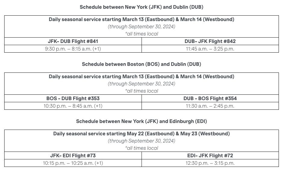 JetBlue Edinburgh and Dublin