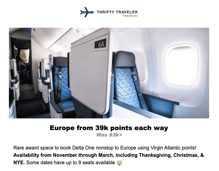 10 Great Ways to Use a Big Chase Ultimate Rewards Bonus 26 Thrifty Traveler premium alert for Delta One booking through Virgin Atlantic