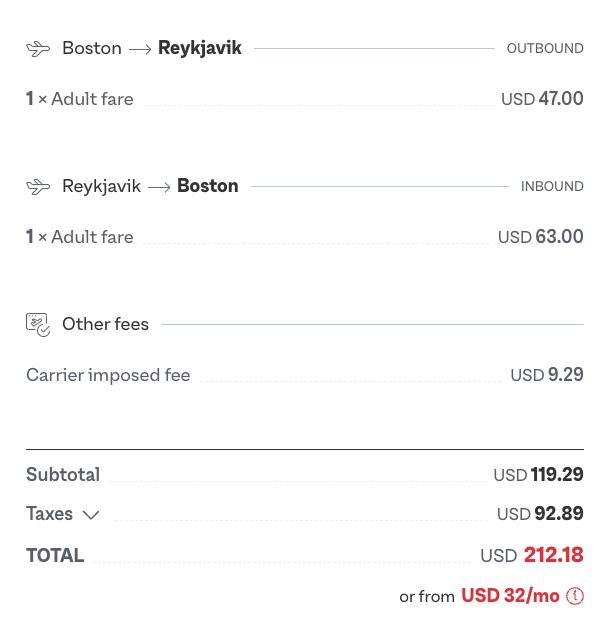 Roundtrip fare BOS-KEF