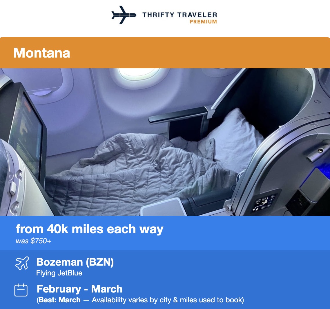 JetBLue Mint to Bozeman flight deal with a lie-flat seat