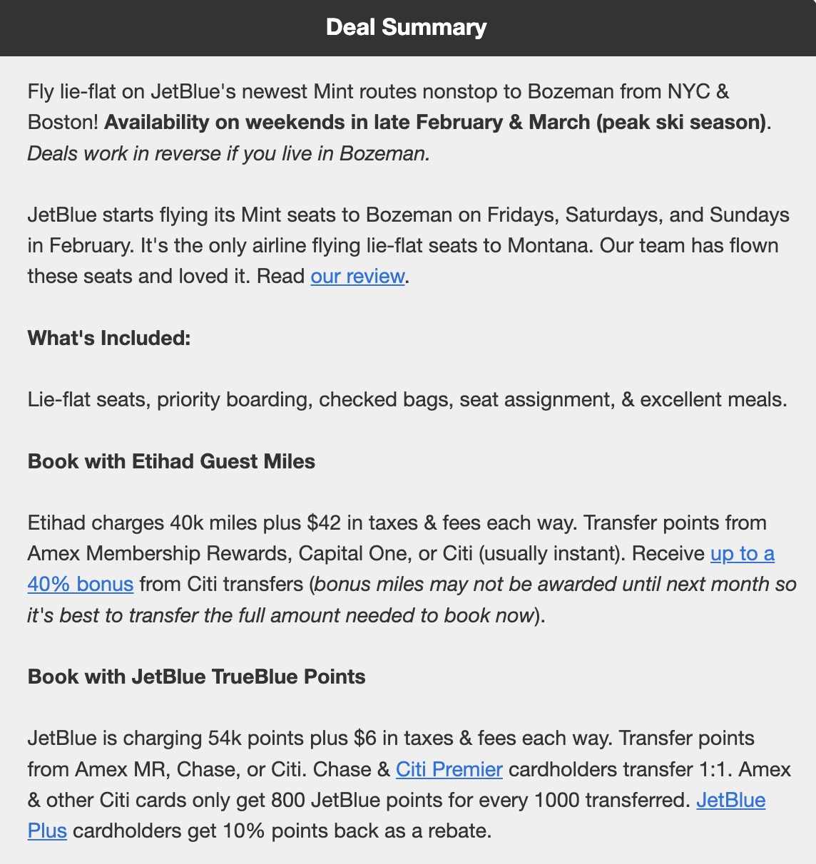 Etihad Guest miles and JetBlue TrueBlue points booking instructions for a Mint business class deal