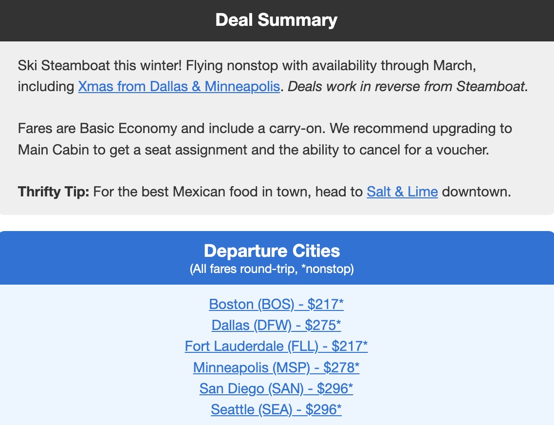 Steamboat airfare in the $200s from six different cities flying nonstop. 