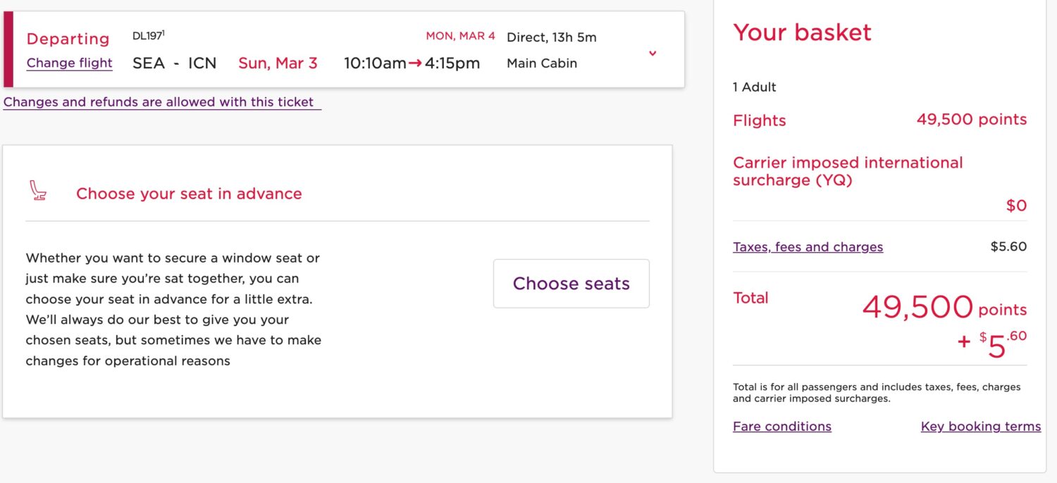 Virgin Atlantic SEA to ICN March 2024 booking