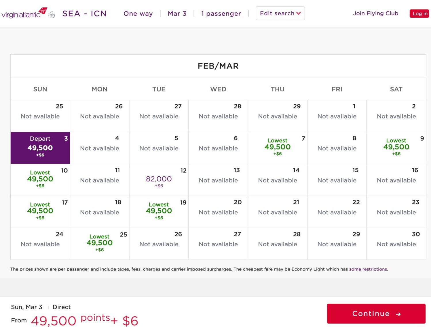 Virgin Atlantic SEA to ICN March 2024 calendar 
