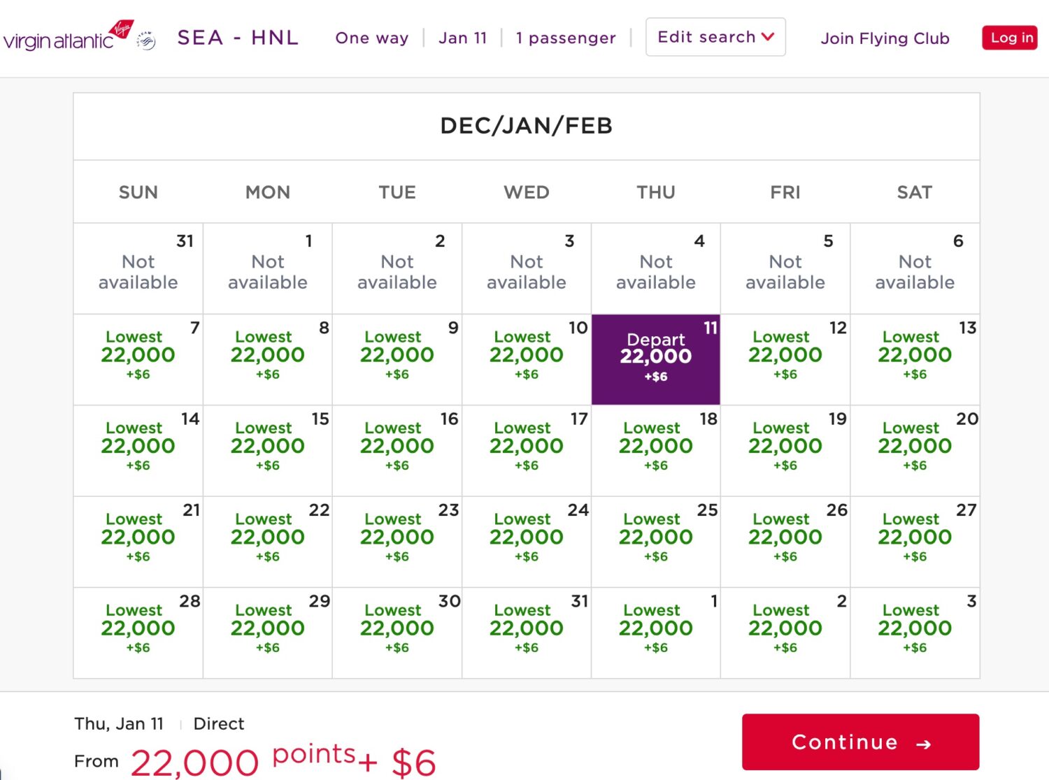 Virgin Calendar for SEA to HNL January 2024