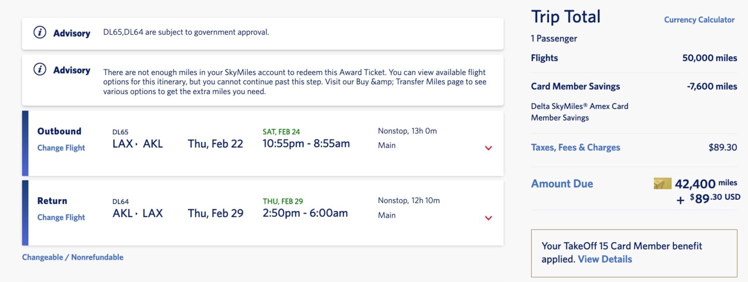 delta skymiles lax to auckland