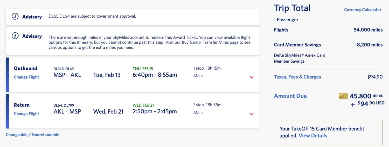msp to auckland skymiles