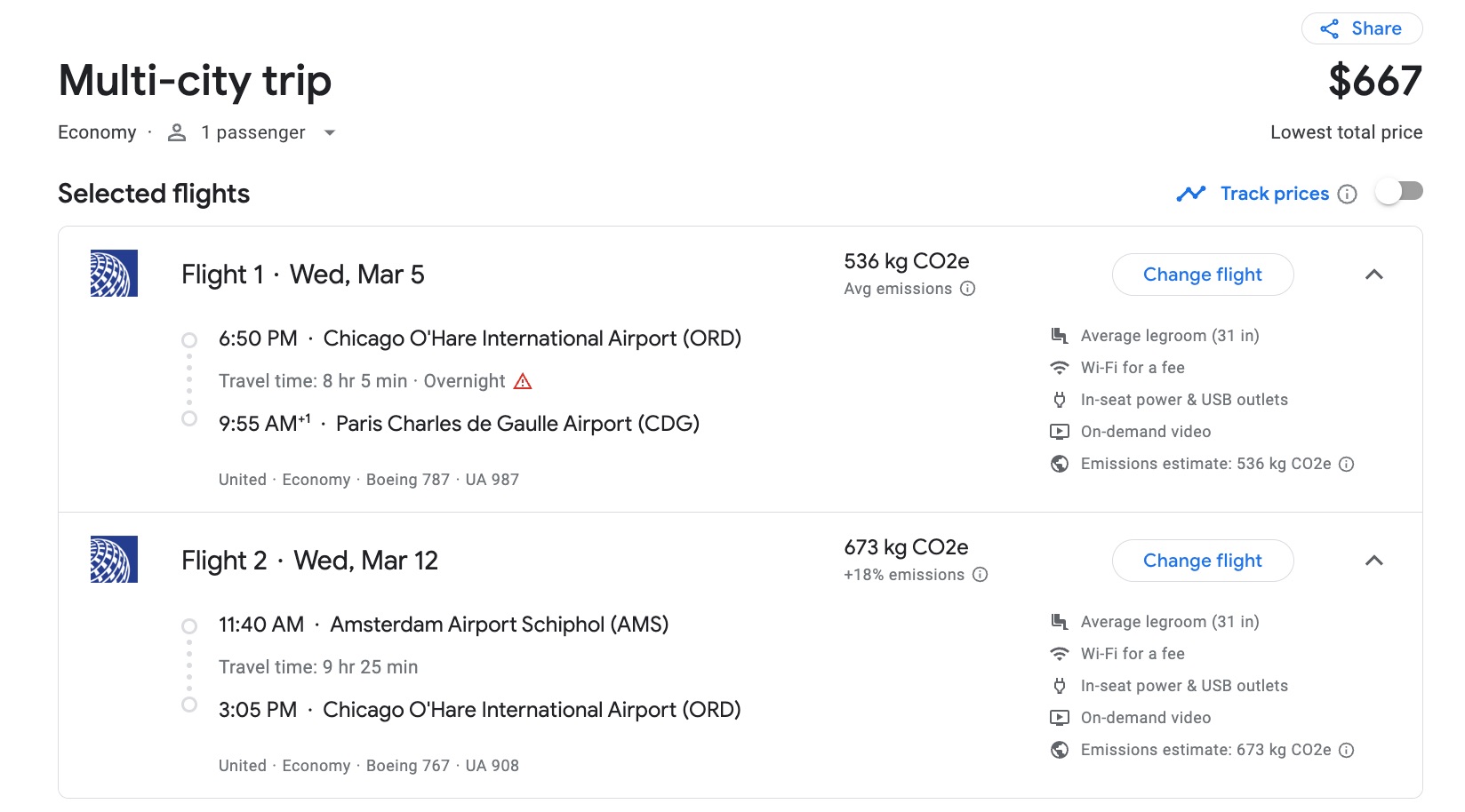 flight details and price for a multi-city trip