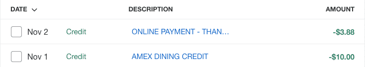 Amex Gold Card dining statement credit applied