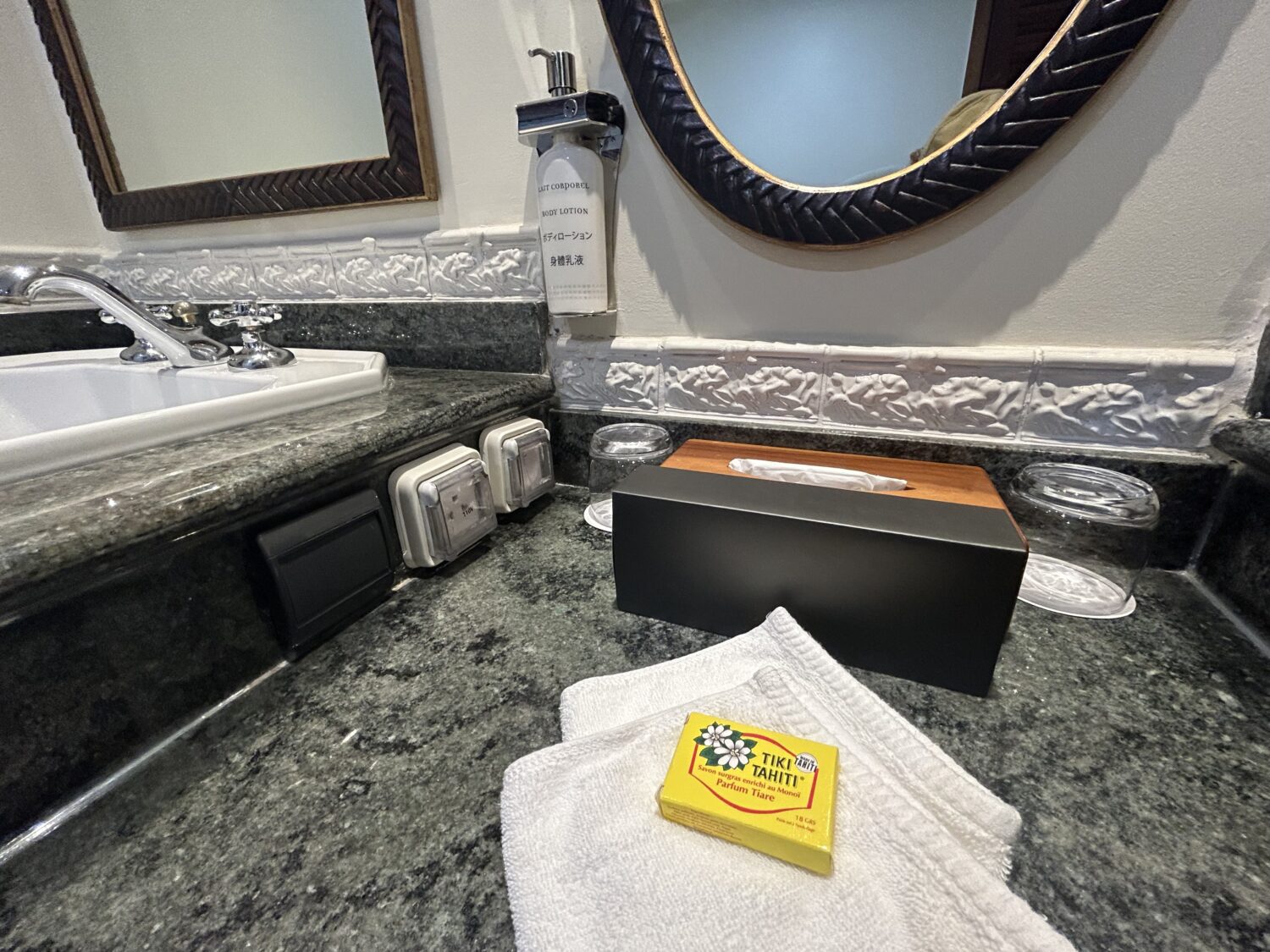 Bathroom mirror and soaps