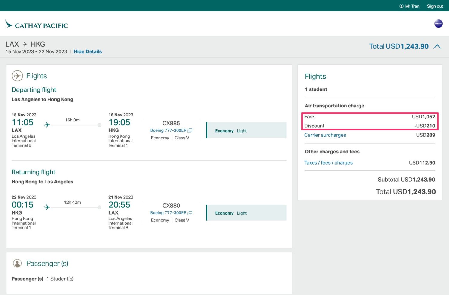 Cathay Pacific Flight: Los Angeles (LAX) to Hong Kong (HKG)