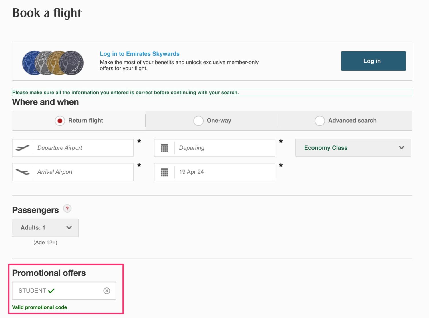 Emirates student fares search
