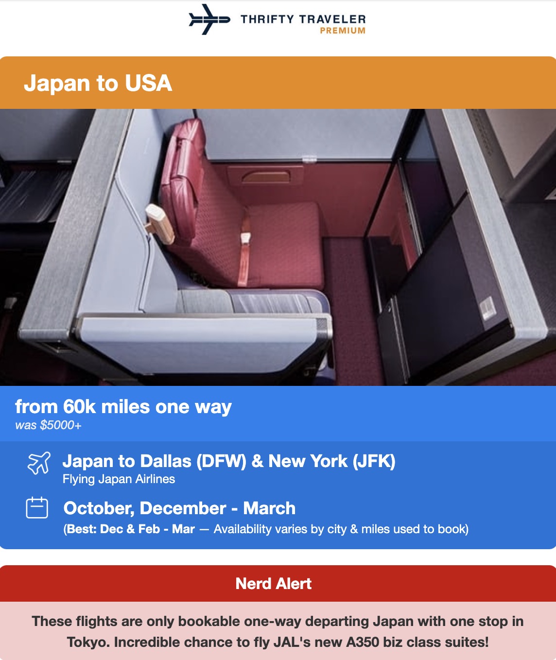 Japan Airlines suite in a flight deal alert for 60,000-point business class fares. 