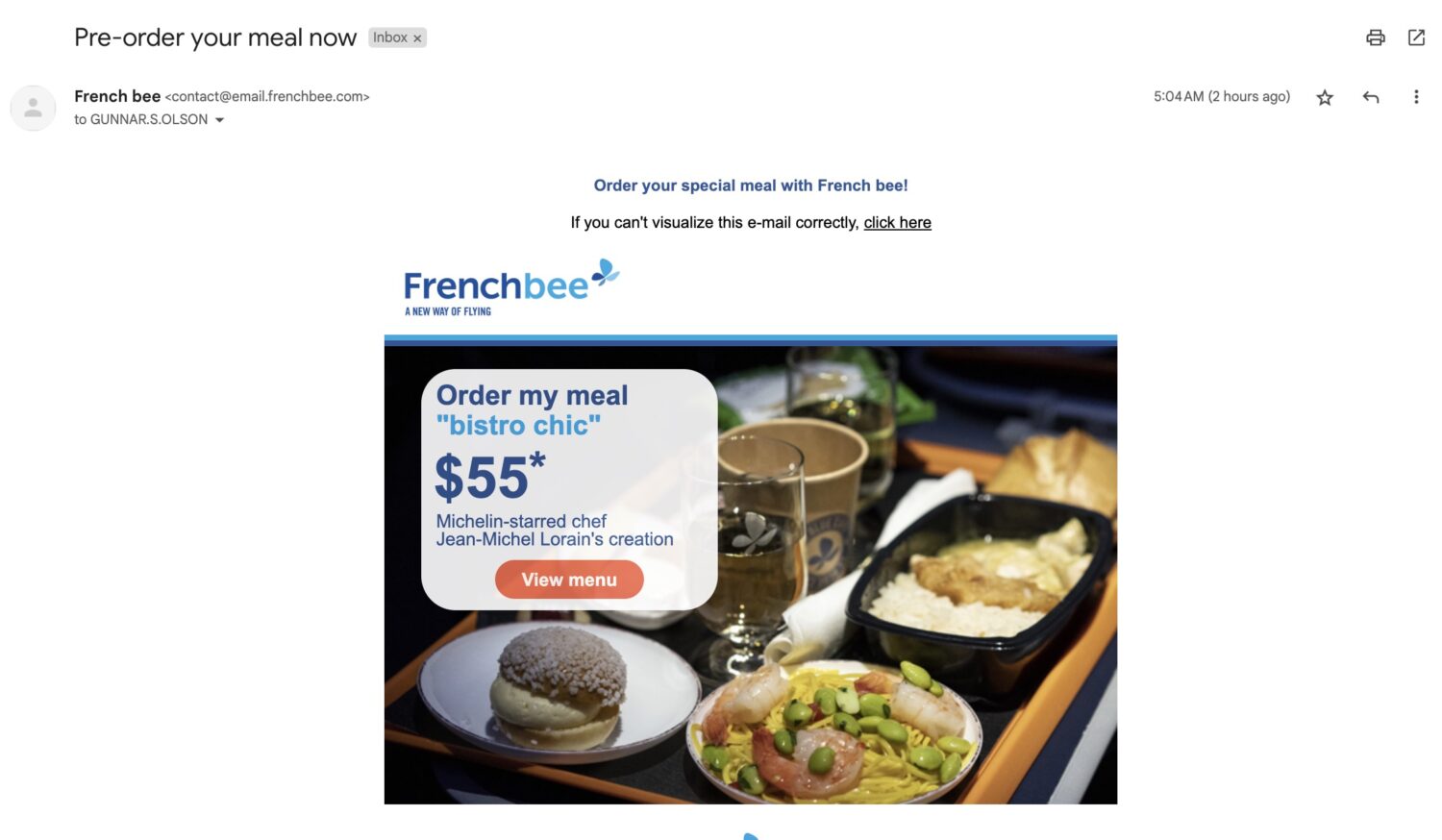 Meal selection email