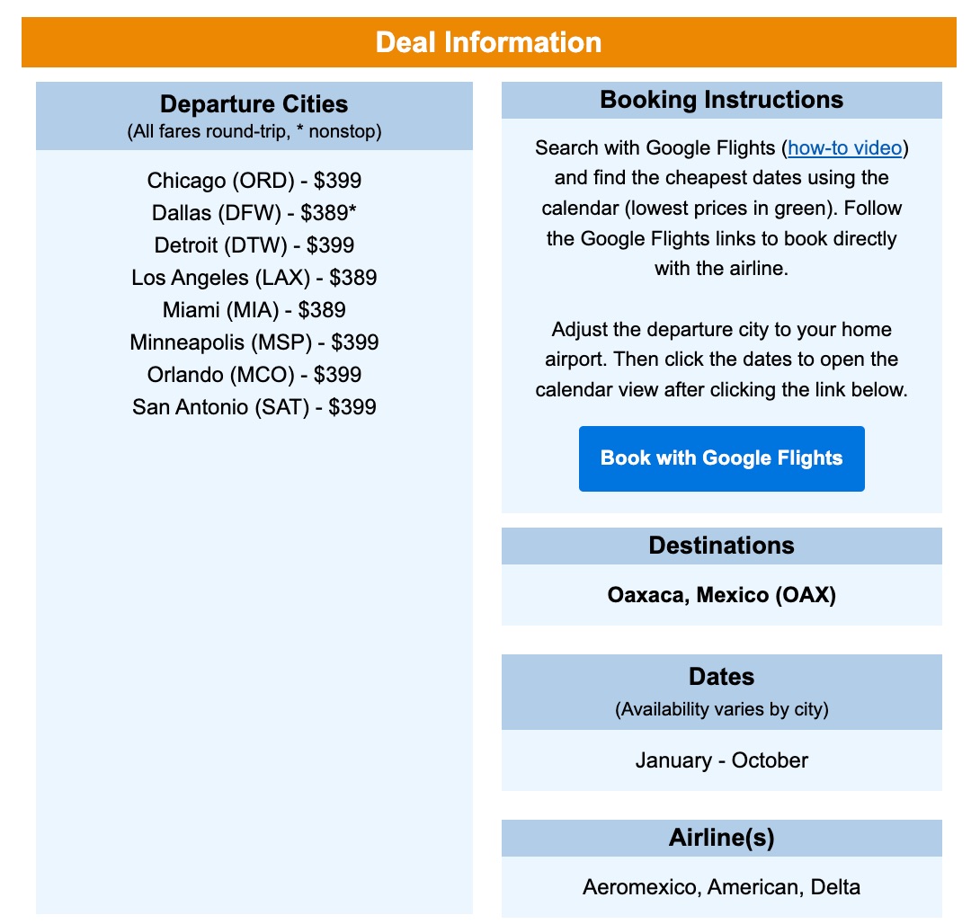 Departure cities for a Thrifty Traveler Premium deal to Oaxaca, Mexico